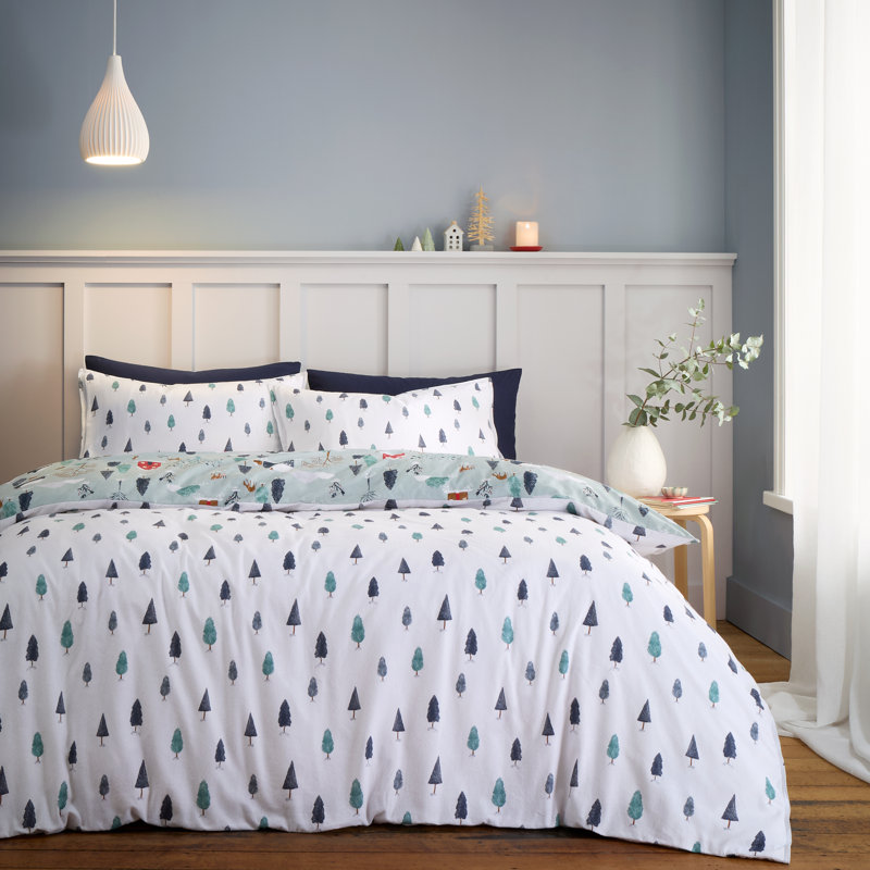 Brushed Cotton Winter Scene Reversible Duvet Cover Set, King Duvet Cover + 2 Standard Pillowcases