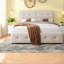 Lit plateforme tapissier moderne avec tiroirs de rangement, grand, beige