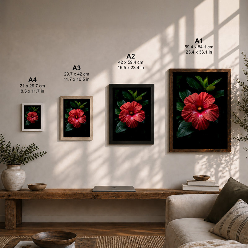 Glowing Hibiscus Botanical - Framed Print, A2 - 59.4 x 42.0 cm, Oak