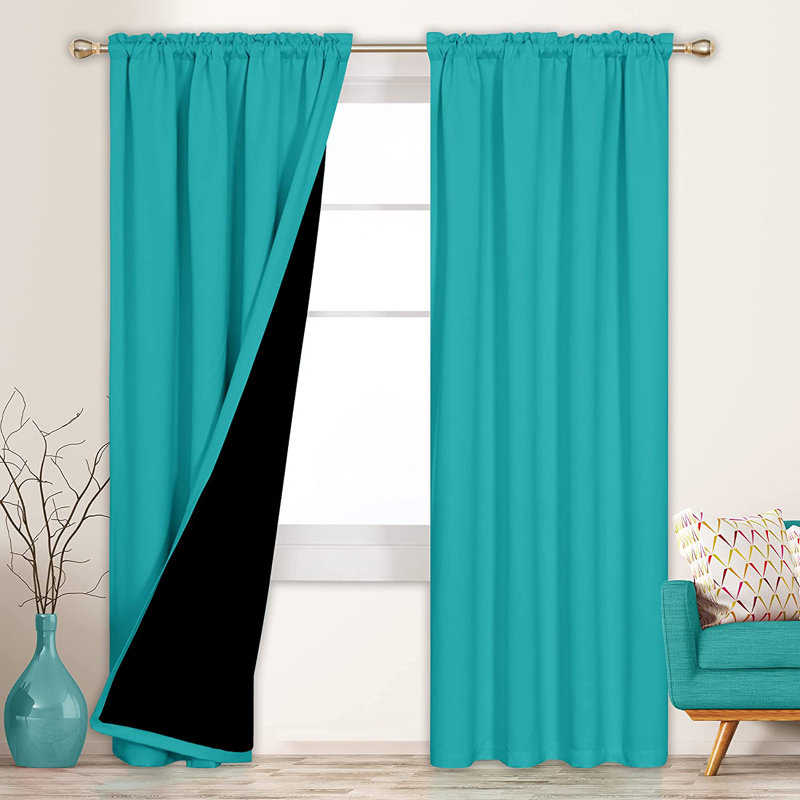 Deconovo 100 Percent Blackout with Liner Rod Pocket Curtain Panel Pair, 52" W x 72" L, Teal