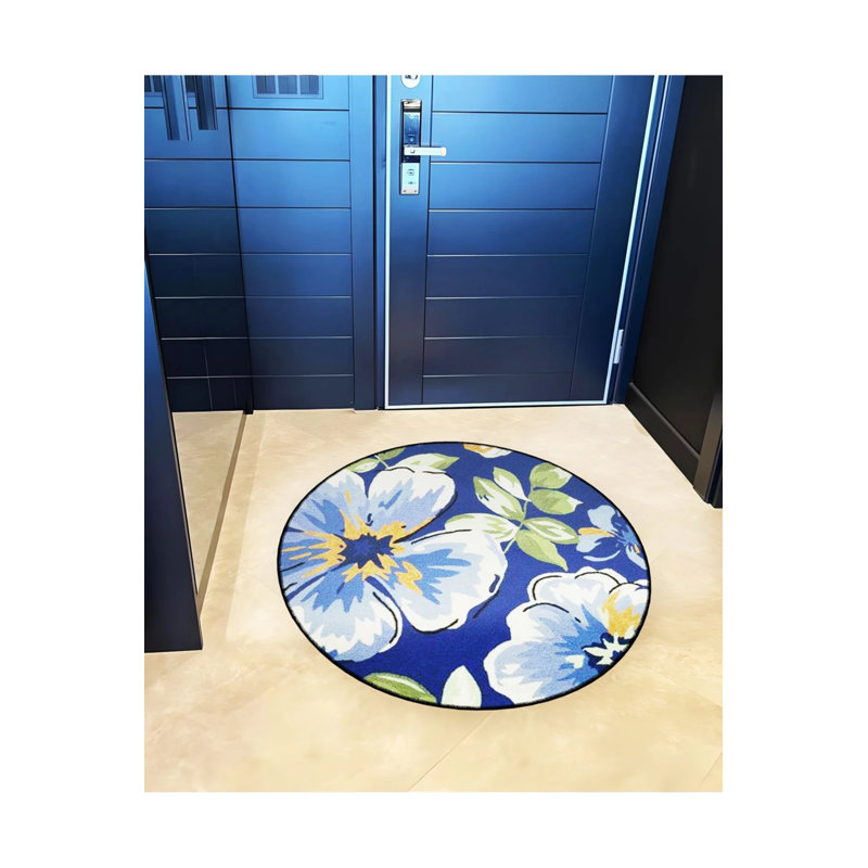 Dark Blue Flower And Leaf Detailed Woven Base Modern Decorative Carpet, Round 3'4"