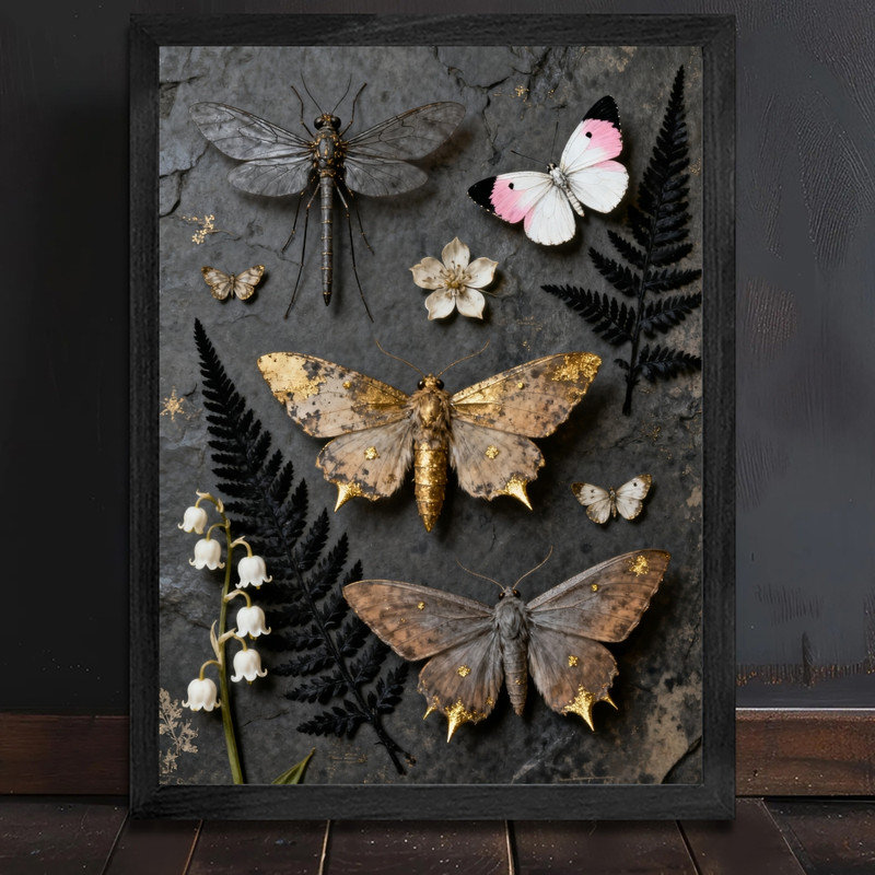 Art mural papillon noir et floral noir, impression de cadre fantaisiste foncé rétro, H 25 po x l 17 po