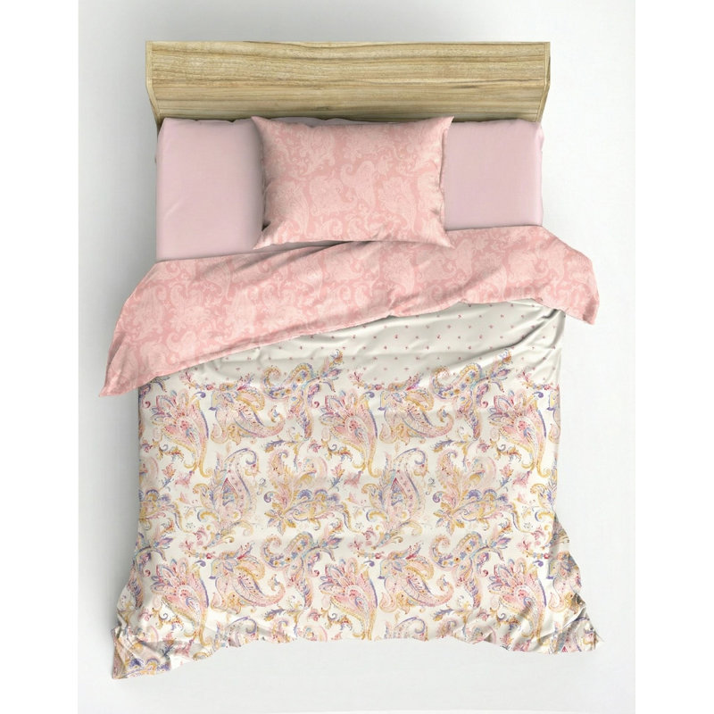 Ensemble de housse de couette luxueuse 100% coton Ranforce, rose | Comprend une housse de couette de 53,1 po x 78,7 po et une taie d'oreiller de 31,5 po x 31,5 po | Pigment imprimé, lavable à la machine, 145 fils, fermeture élégante