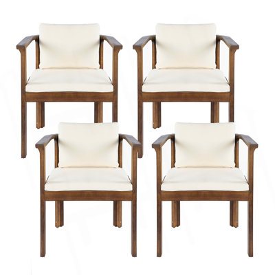 Outdoor Dining Chair Set of 4 with Curved Acacia Wood Arms, Cream Cushions