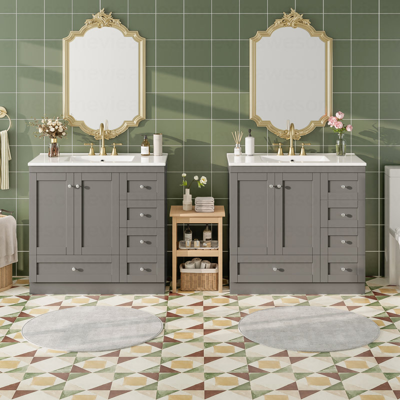 Meuble-lavabo autoportant de 72 po de style Shaker avec lavabo en céramique, tiroirs à fermeture en douceur et portes à fermeture en douceur