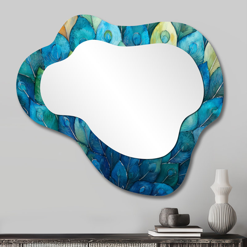«Blue and Green Peacock Feather Collage I», miroir mural décoratif en forme de paon, imprimé sur métal, 25 po x 28 po