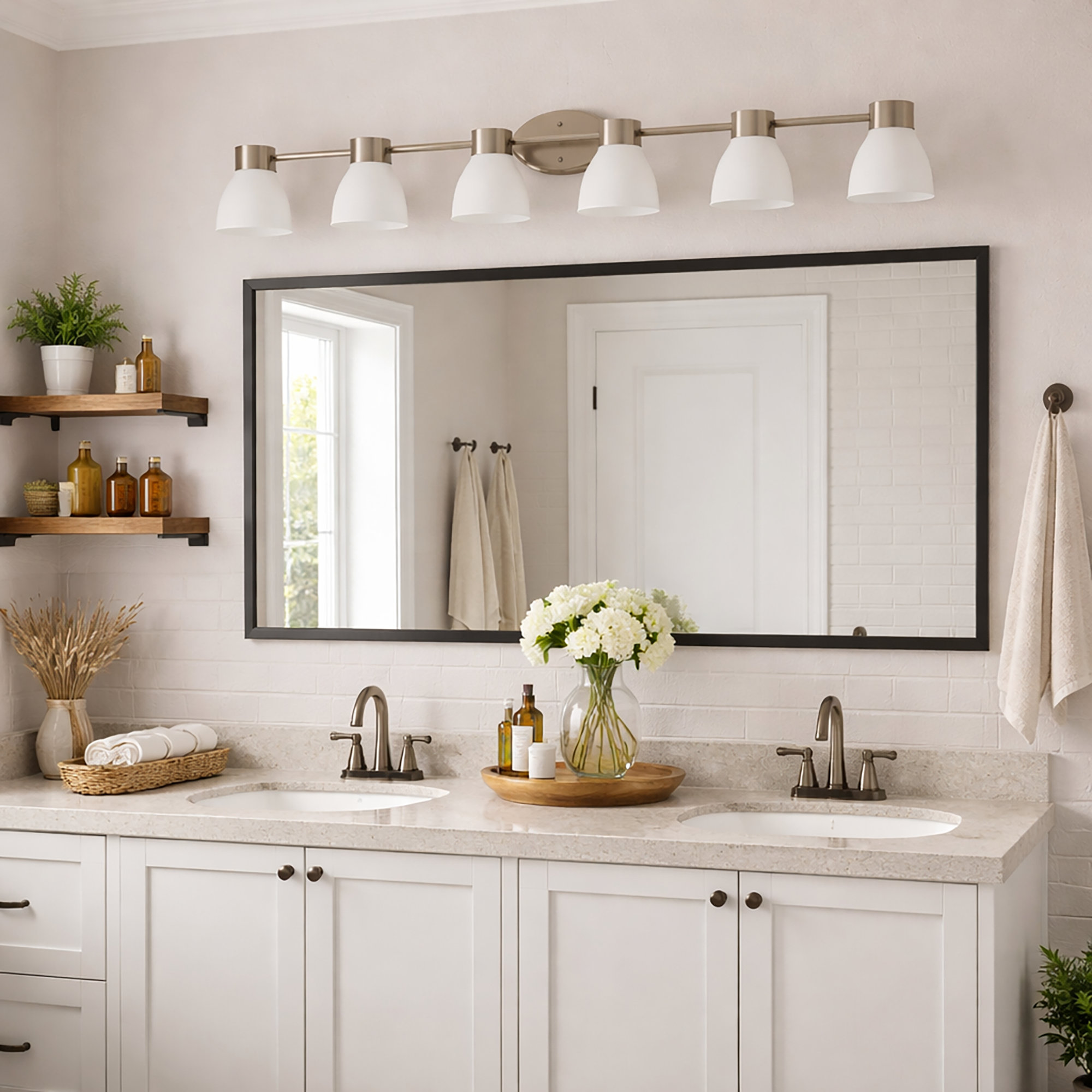 3-Light Brushed Brass Vanity Light with Acid-Etched Opal Glass Shades, 6, Brushed Nickel
