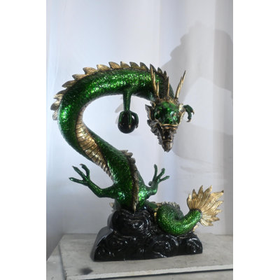 Green Bronze Dragon Fountain Statue with Pearl Sphere 30"x20"x38"H