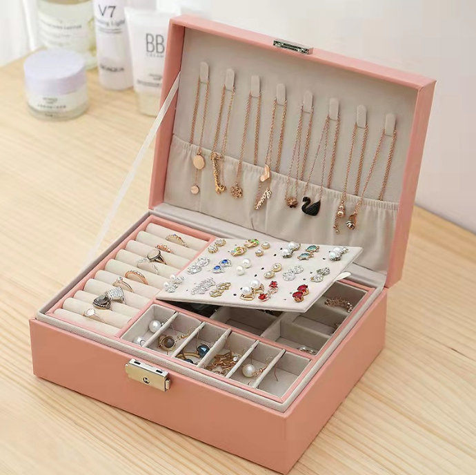 Boîte à bijoux pour femmes, contenant à 2 couches avec serrure