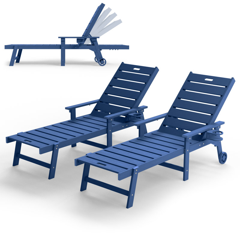 Chaise longue d'extérieur toutes saisons à 5 positions avec 5 positions, facile à installer, avec accoudoirs larges, porte-gobelets rotatifs et roues à roulement lisse pour piscine / bord de piscine / plage / terrasse / patio / arrière-cour, bleu foncé (ensemble de 2)
