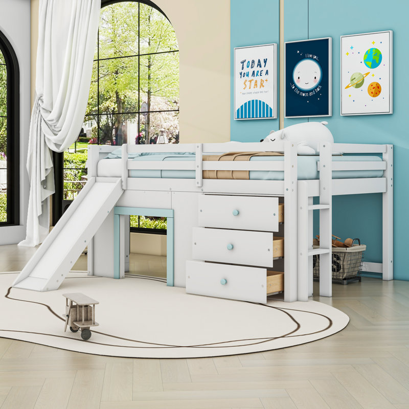 Lit mezzanine double avec glissade et 3 tiroirs