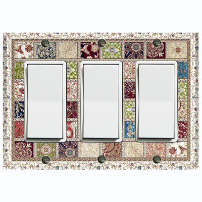 Colorful Block Pattern Flowers Nature Themed 3 - Gang Toggle Light Switch Standard Wall Plate