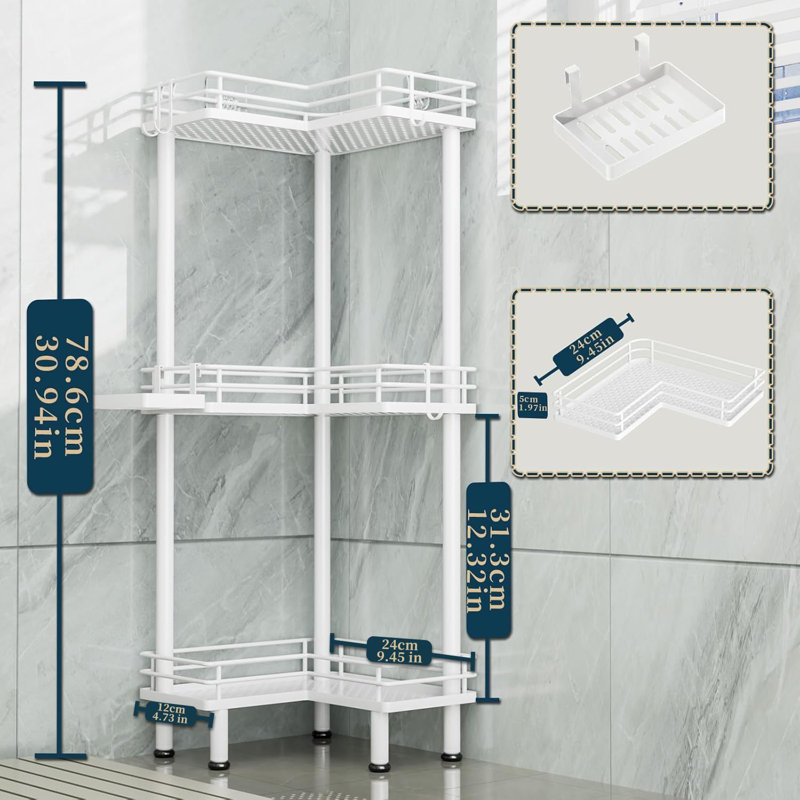 Étagère de douche de coin debout, organisateur de douche avec porte-savon et 4 crochets, tablette d'angle de grande capacité pour salle de bain, 3 niveaux (blanc)