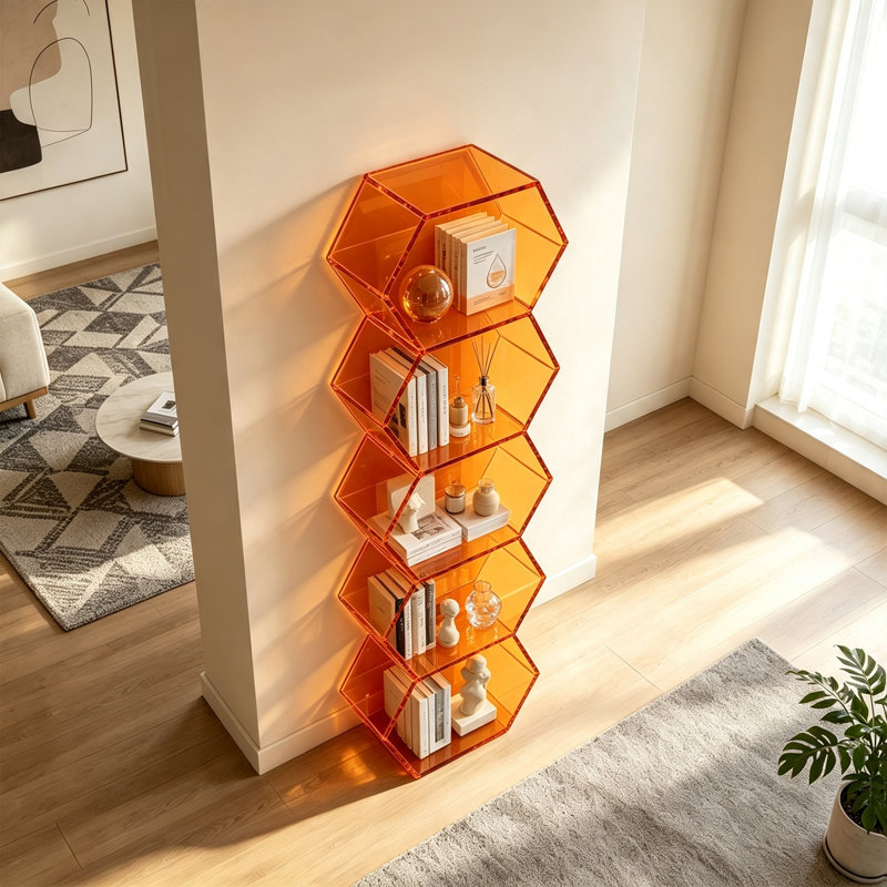 Bibliothèque orange hexagonale en acrylique, H 59,06 po x l 19,69 po x P 9,84 po