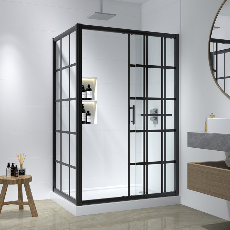 Cyrus 48" W x 34" D x 72" H Rectangle Aluminum Framed Black-Grid Single Sliding Shower Enclosure with Heat Soaking Process and Protective Coating Treatment