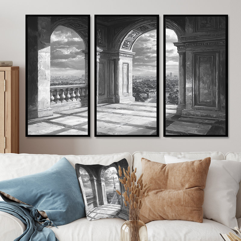 Ensemble de salon art mural gris Paris Paris Arc de Triomphe I, Toile avec cadre flottant noir, H 28 po x l 36 po x P 1 po