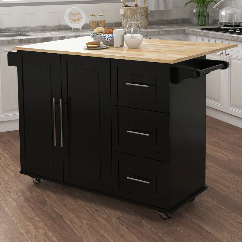 Îlot de cuisine avec porte-épices, porte-serviettes et table extensible en bois massif