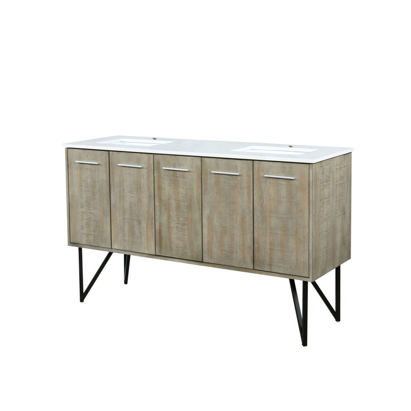 Meuble-lavabo double rustique en acacia avec plateau,  Quartz blanc / beige, H 36,63 po x l 60 po x P 20,25 po
