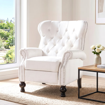 Modern Manual Push Back Recliner Chair Fabric Upholstered 3-Position Recliner with Rolled Arms, Nailhead Trim & Dark Brown Rubber Wood Legs for Living Room, Bedroom, Home Theater, Beige