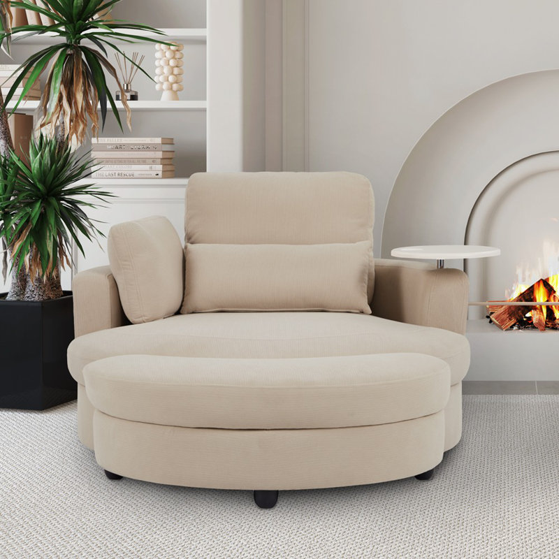 Lasean Upholstered Swivel Barrel Chair with Ottoman, Beige Corduroy