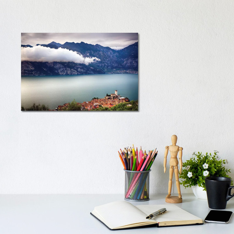 Medieval Town And Castle On A Hill, Malcesine, Lake Garda, Veneto, Italy by George Oze - Wrapped Canvas Print