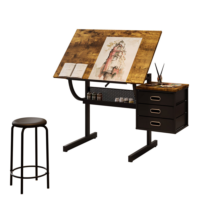 Vintage Industrial Drafting Table with Stool, Adjustable Tilt Art Desk with 3 Drawers & Mesh Shelf, Rustic Brown, Brown
