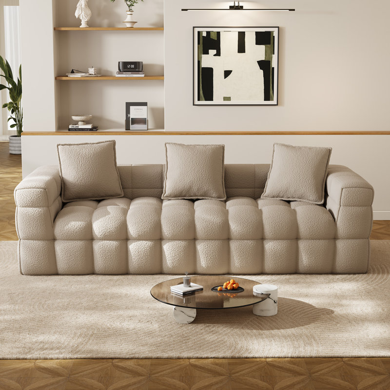 Boneless 89.8" Modern Compression Tufted Sofa with Pillows, Light Brown