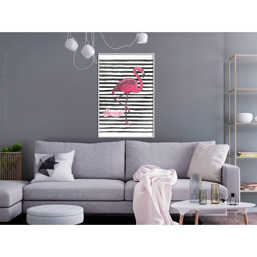 Gerahmtes Poster Flamingo auf gestreiftem Hintergrund