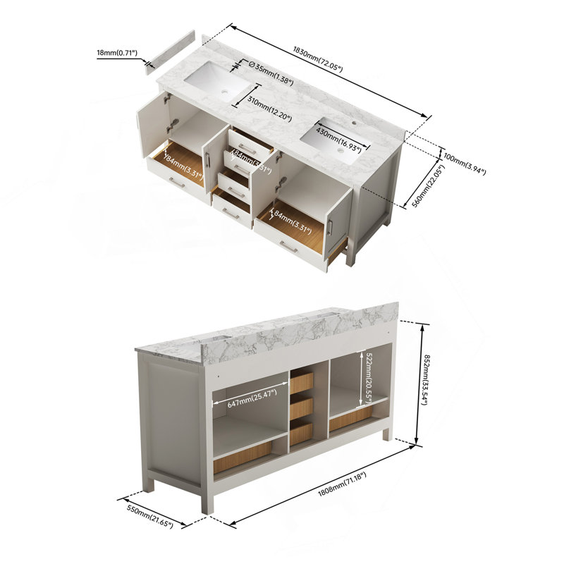 Meuble-lavabo moderne avec lavabo double, meuble-lavabo autoportant avec trou pour robinet, Blanc, 71"