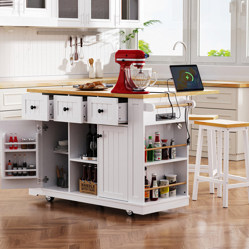 53Inch Kitchen Island Cart With Internal Storage, Power Outlet, Drop Leaf, 5, White 50 W Supply, 5 Wheels,, White