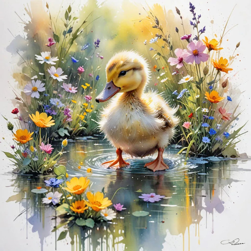 «Sunny Waddle: Duckling in a Blooming Pond», toile tendue