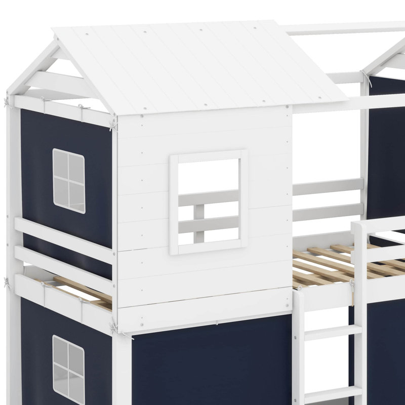 Lit double en bois, Lit double, Bleu / blanc