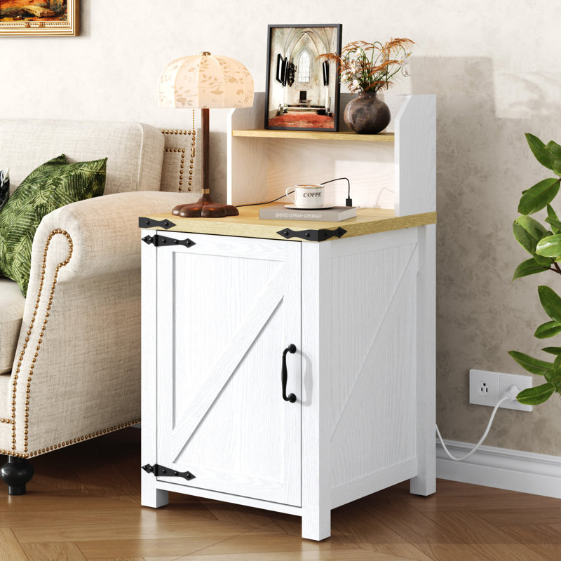 OKD Nightstand With Charging Station, Natural Top/White Base