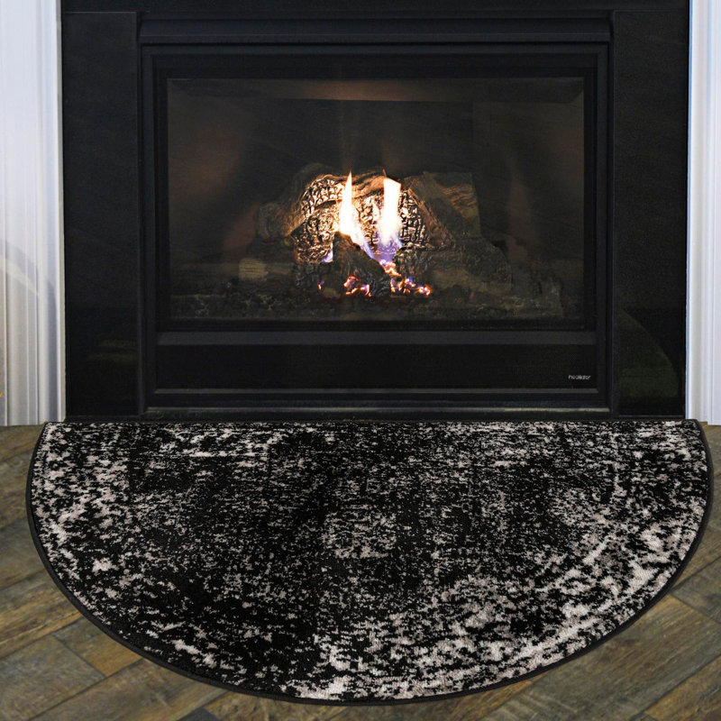 Tapis noir à motif floral Brandt, Non, Noir, Half-circle 2'2" x 3'7"