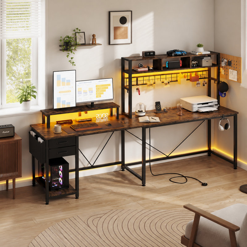 Metal Base Computer Desk with Power Outlet, Brown