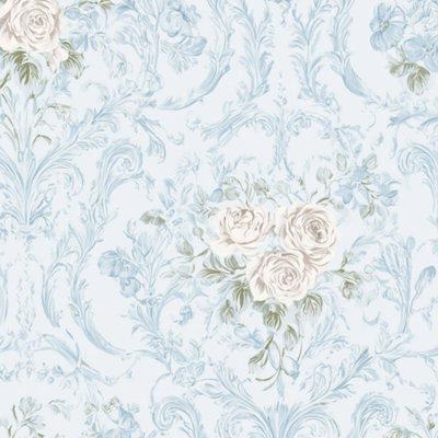 Papier peint auto-adhésif à motif de damas floral rétro à motif de roses bleu clair, motif de contact, papier adhésif amovible, décoration murale pour armoires de cuisine de chambre à coucher, 24 po x 118 po