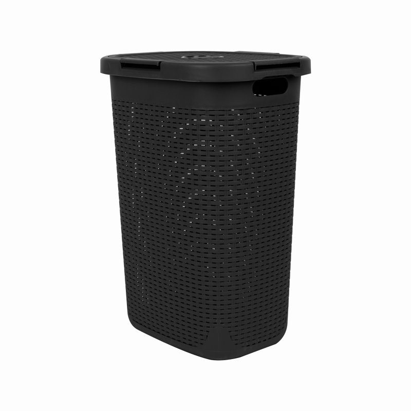  Panier à linge mince 60 L, panier à linge, couvercle, plastique, Black, 24.69" H x 17.72" W x 13.78" D