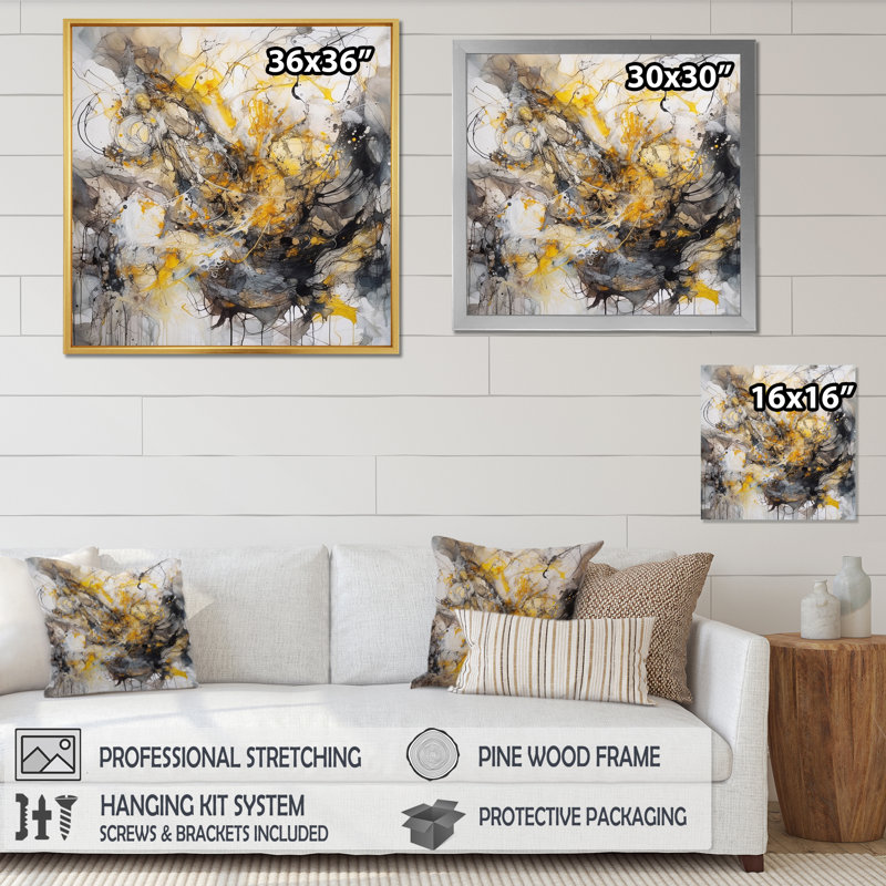 «Yellow Grey Marble Symphony II», art mural abstrait sur toile, H 30 po x l 30 po x P 1 po, Cadre simple noir