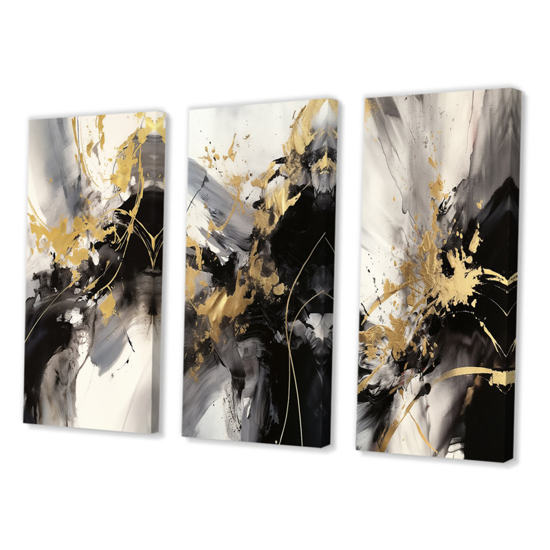 Or et gris fluides fusion III - ensemble d'art abstrait mural de 3, Toile tendue, H 20 po x l 36 po