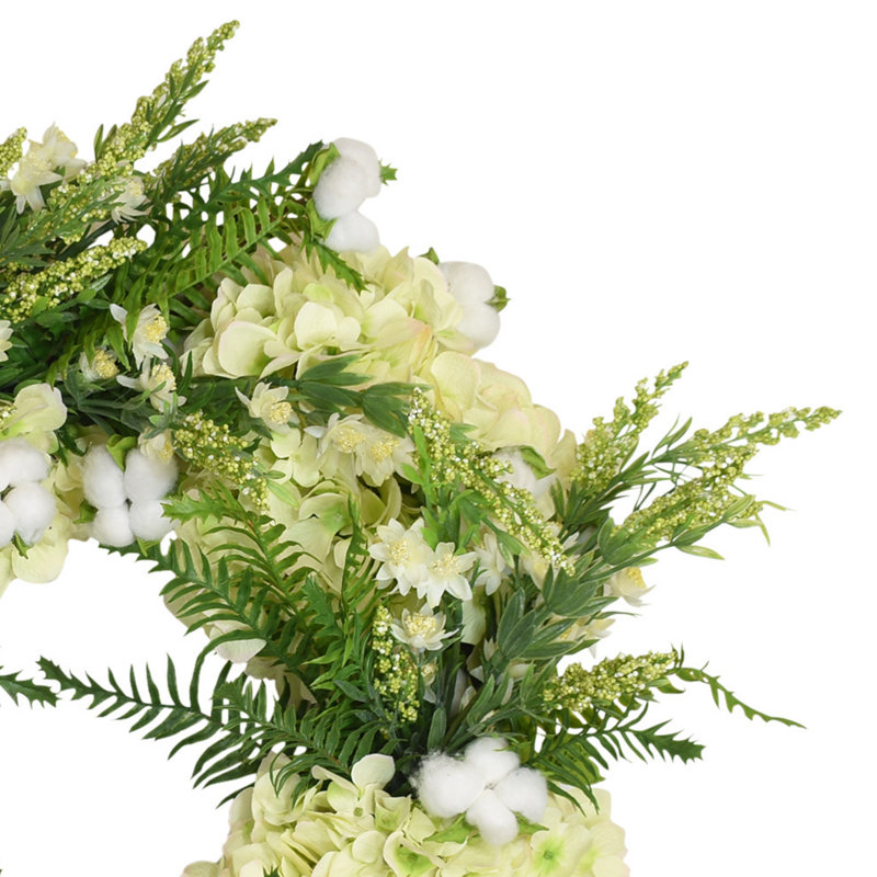 30" Grapevine Wreath With Hydrangea, Fern And Cotton Garland