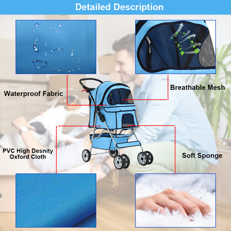 Blue Foldable Pet Jogger Stroller with Mesh Windows