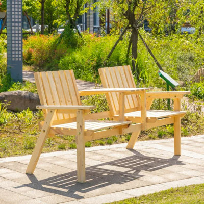 Natural Wood Tone Garden Loveseat with Middle Umbrella Hole Table