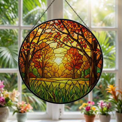 12"H Autumn Forest Stained Glass Window Panel