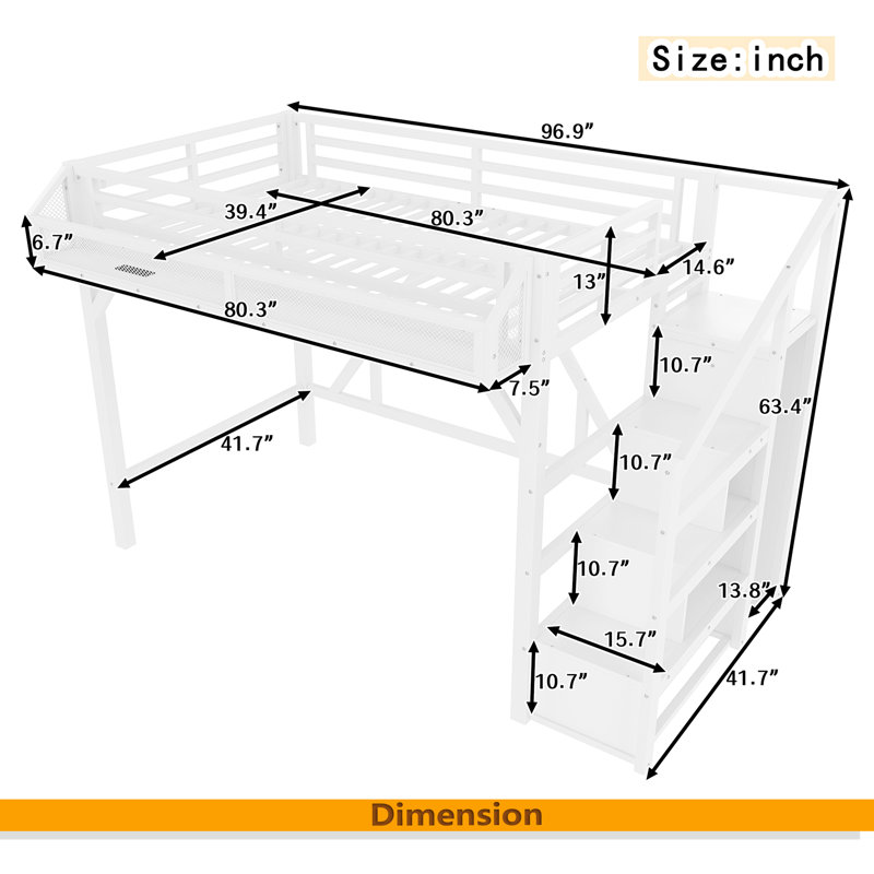 Twin XL Loft Bed With Storage Stairs, Shelves And Built-In Wardrobe, Metal Loft Bed Frame With USB Ports And LED Lights, Noise-Reduced Design