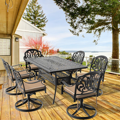 7 chaises de patio en fonte d'aluminium - structure noire, 6 chaises pivotantes et table rectangulaire, mobilier de jardin attrayant, intempéries, sièges confortables anticorrosion, capacité de siège de 350 lb, table de 160 lb