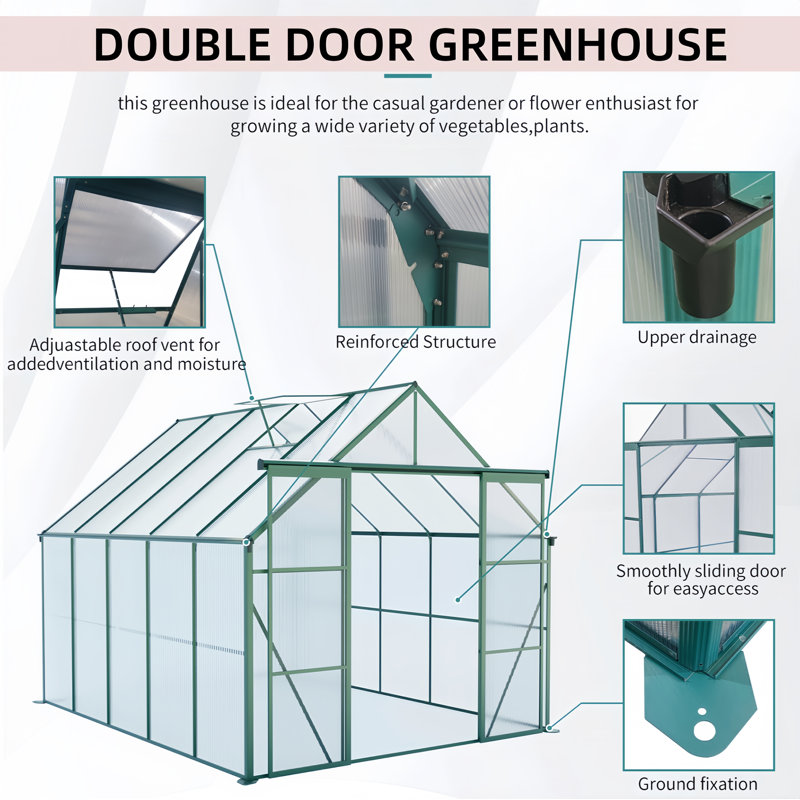 8X10Ft Double Door Polycarbonate Greenhouse Raised Base And Anchor Aluminum Heavy Duty Walk-In Greenhouses For Outdoor Backyard In All Season