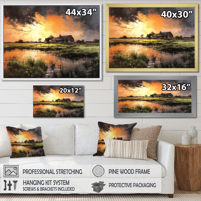 " Glorious Sunset Over Waterway In Fields Vintage ", Black Single Picture Framed, 30" H x 40" W x 1.5" D