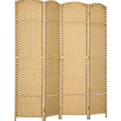 Paravent de chambre autoportant à 4 panneaux, 1,70 m de haut. Style bois naturel avec motif tissé à la main. Cloison polyvalente. Sangle en polypropylène. Léger et pliable.