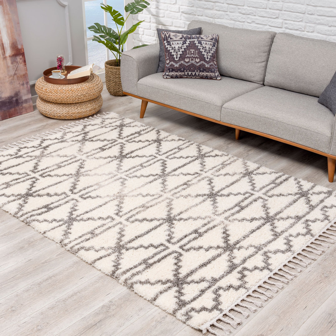 Teppich Pulpy 530 Hochflor Wohnzimmer Ethno Skandi Stil Grau Creme Teppiche mit Fransen Mcbride