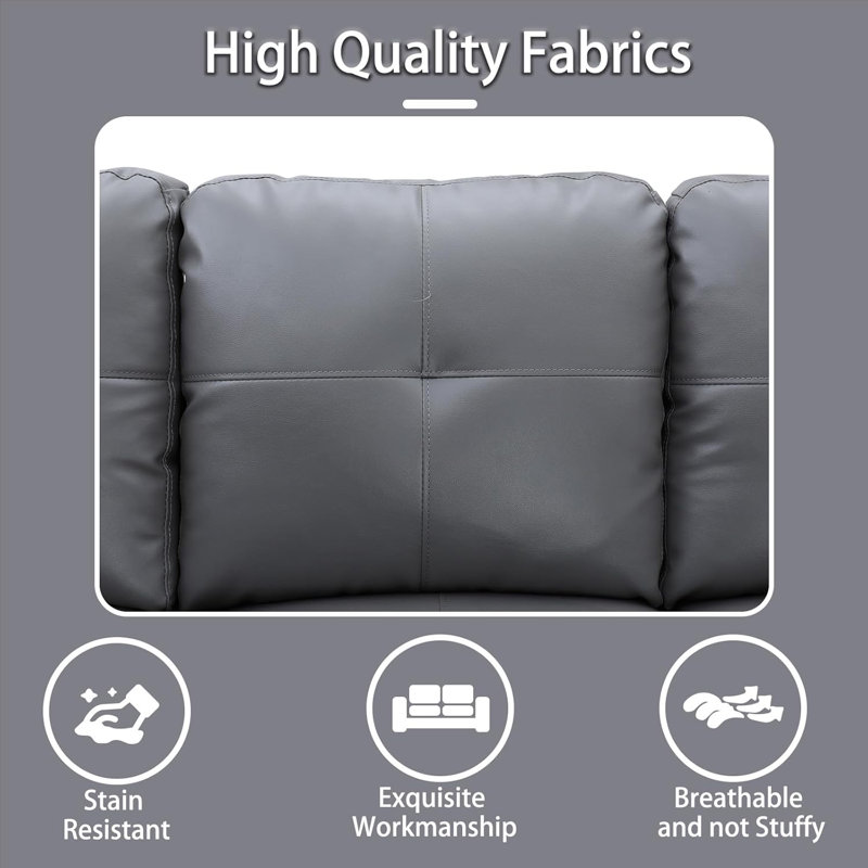 3-Piece Faux Leather Sectional Sofa, Dark Gray Faux Leather